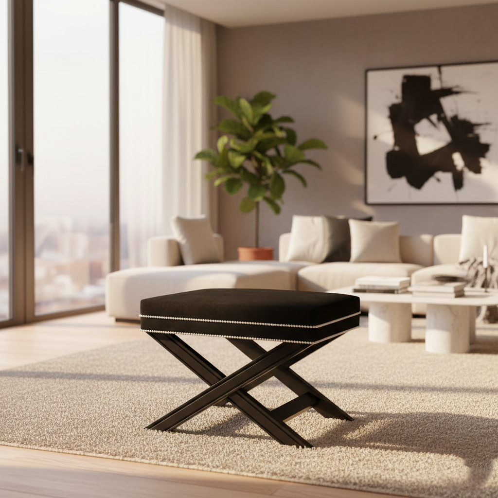 CROSSLEGGED BLACK OTTOMAN